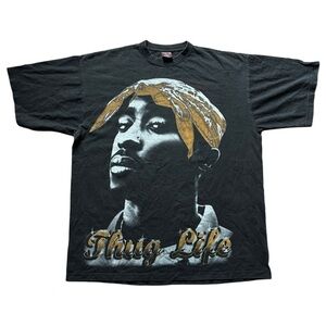 Tupac Shakur Vintage 90s Thug Life Graphic Tee 2XL Black Gold Cotton Shirt